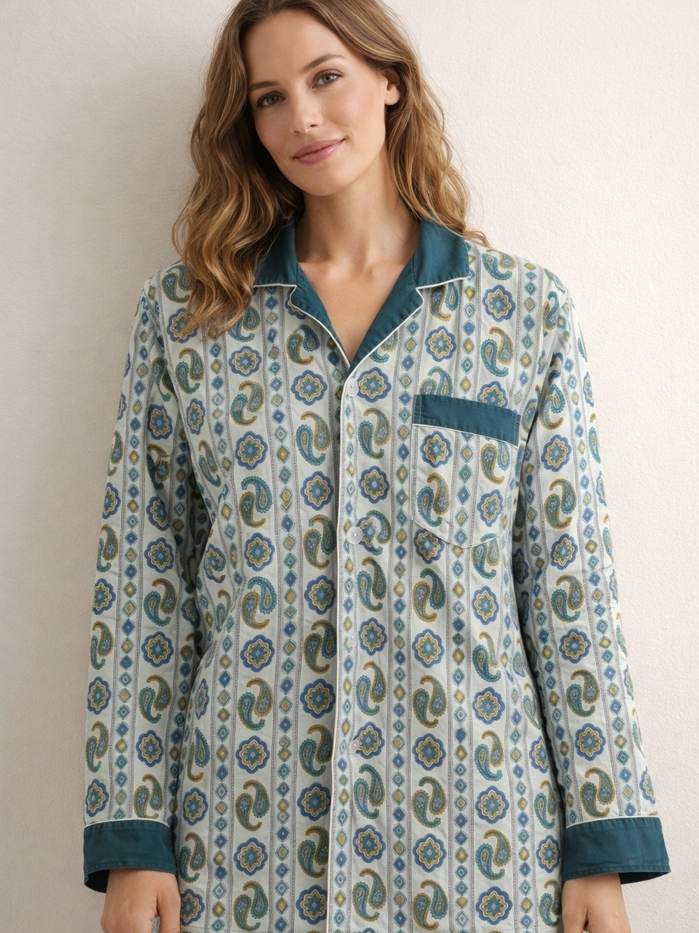 Vintage Maple Leaf Paisley 100% Fine Cotton Pajama Shirt | Button Front Top